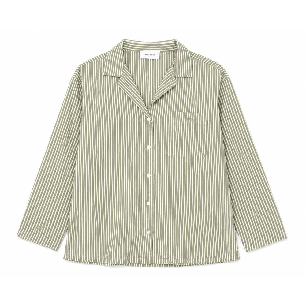 Airelles Pajama Top M Sage Stripe Luxe Loungewear‎ Quiet Luxury Cotton Shirt